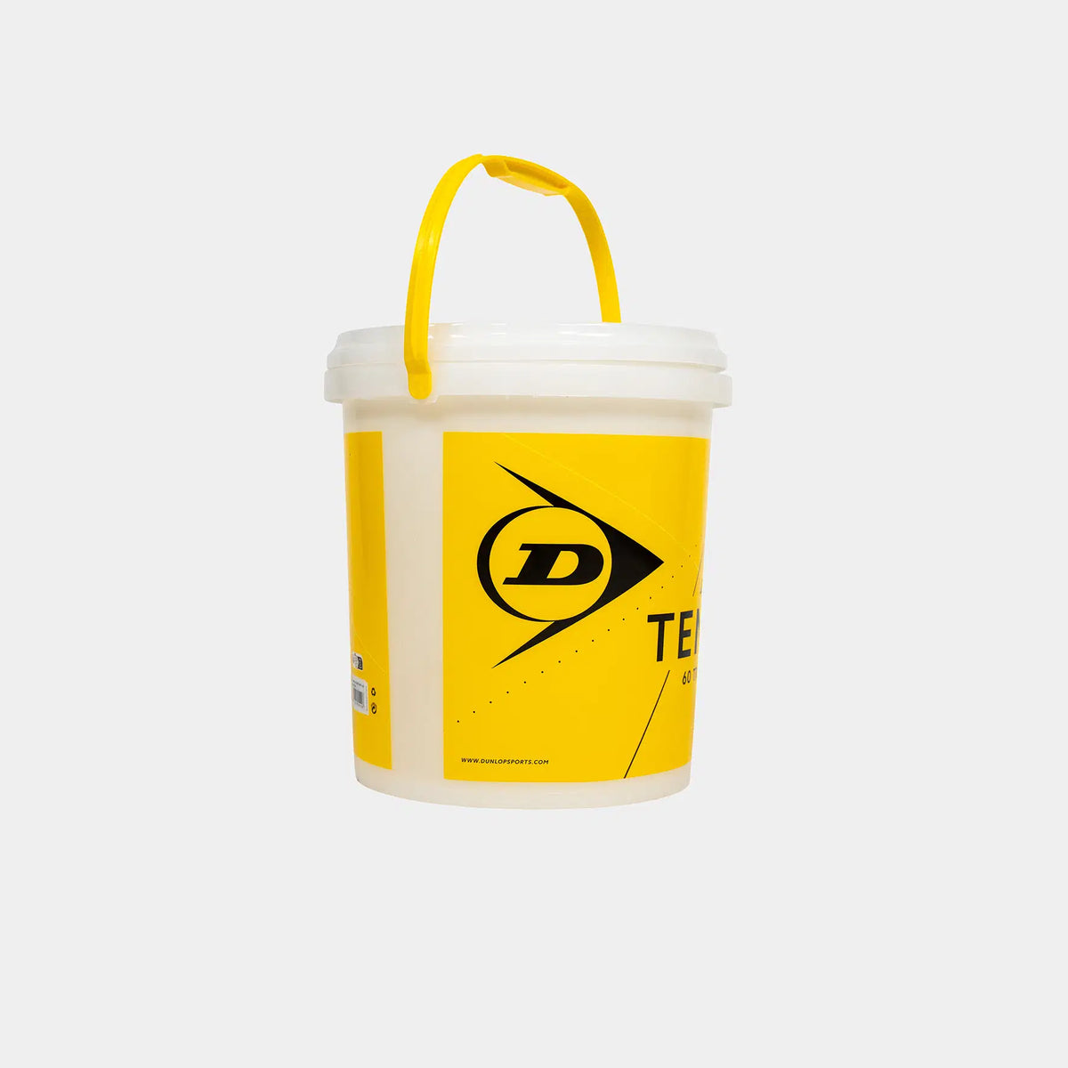 A white Dunlop Empty Bucket with Lid (No Balls) features a yellow handle and label with a black D logo, black text, and geometric graphics. Designed for tennis ball storage by Dunlop. The background is plain white.