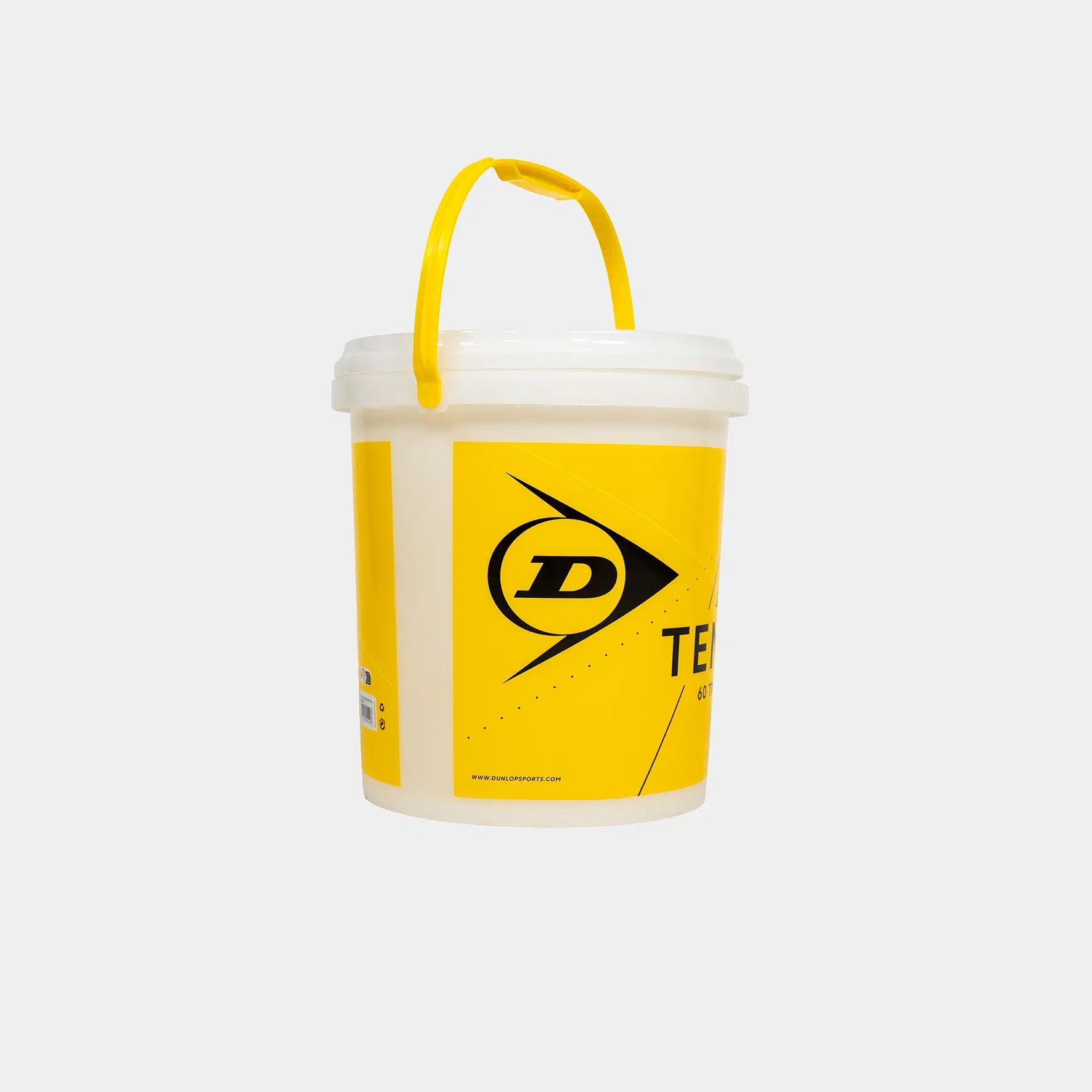 A white Dunlop Empty Bucket with Lid (No Balls) features a yellow handle and label with a black D logo, black text, and geometric graphics. Designed for tennis ball storage by Dunlop. The background is plain white.