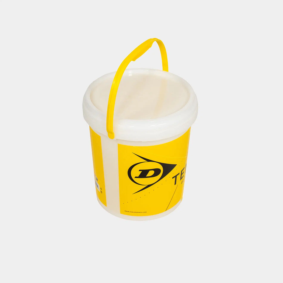The Dunlop Empty Bucket with Lid is a yellow and white plastic container featuring the Dunlop logo—a convenient tennis ball storage solution. No balls included.