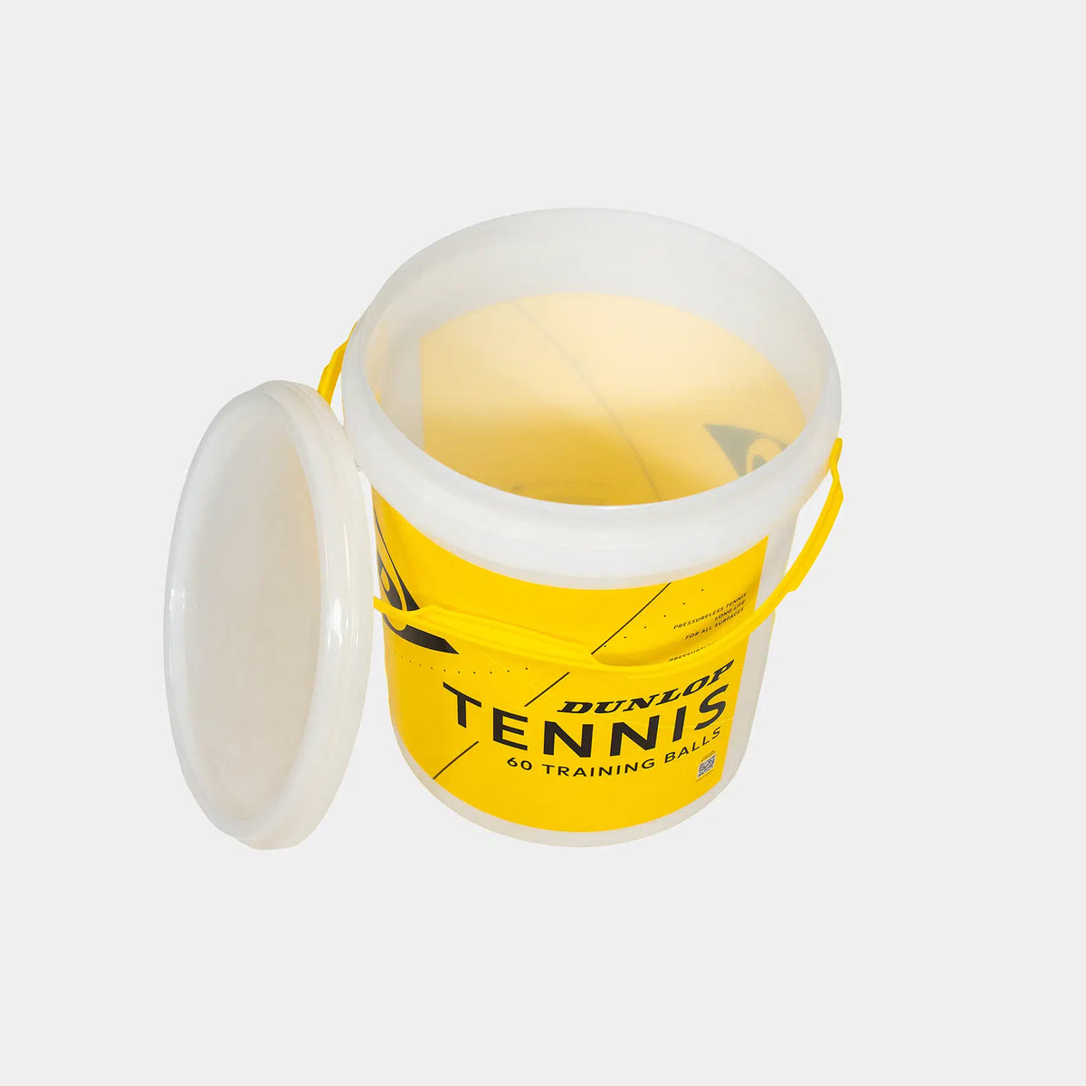 A yellow Dunlop Empty Bucket with Lid (No Balls), featuring a white lid and yellow handle, is shown open with the lid beside it on a plain light background—ideal for tennis ball storage.