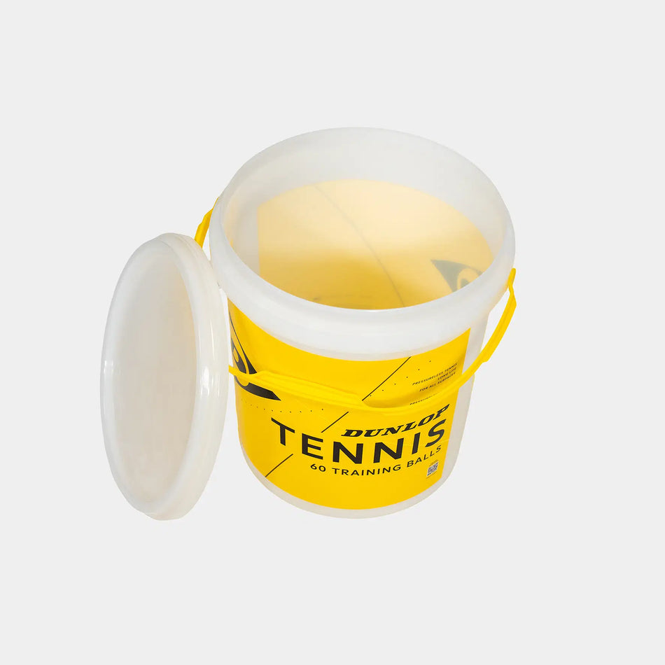 A yellow Dunlop Empty Bucket with Lid (No Balls), featuring a white lid and yellow handle, is shown open with the lid beside it on a plain light background—ideal for tennis ball storage.