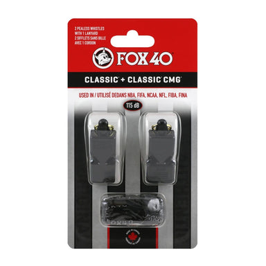 Fox 40 Whistle Twin Pack features two Classic whistles, including a black cushioned mouth grip model with lanyard. Packaging notes use in NBA, FIFA, NCAA, NFL, FIBA & FINA; sound reaches 115 dB. Brand: Fox 40.