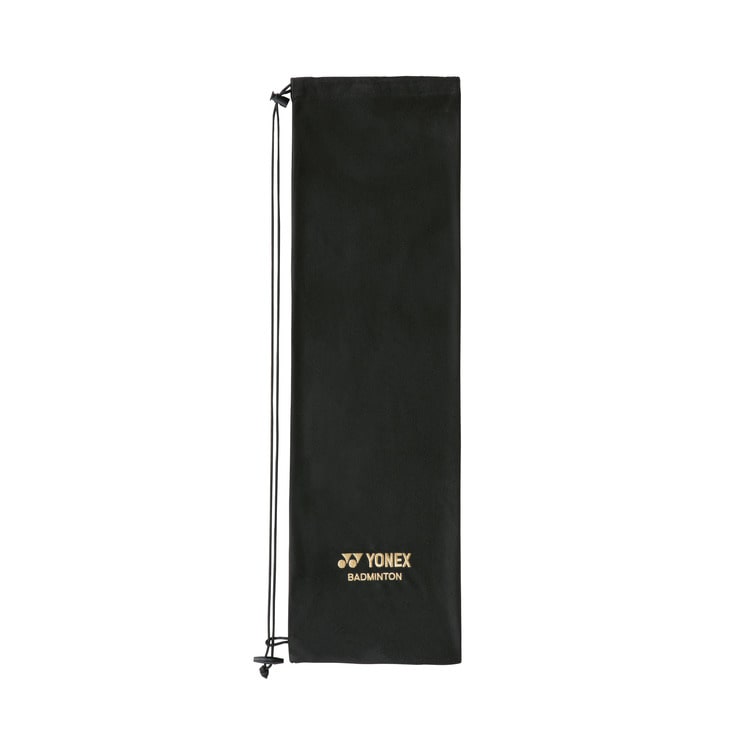 The Yonex Badminton Racket Soft Case is a black cover with a drawstring closure, featuring the Yonex logo and “BADMINTON” in gold near the bottom.