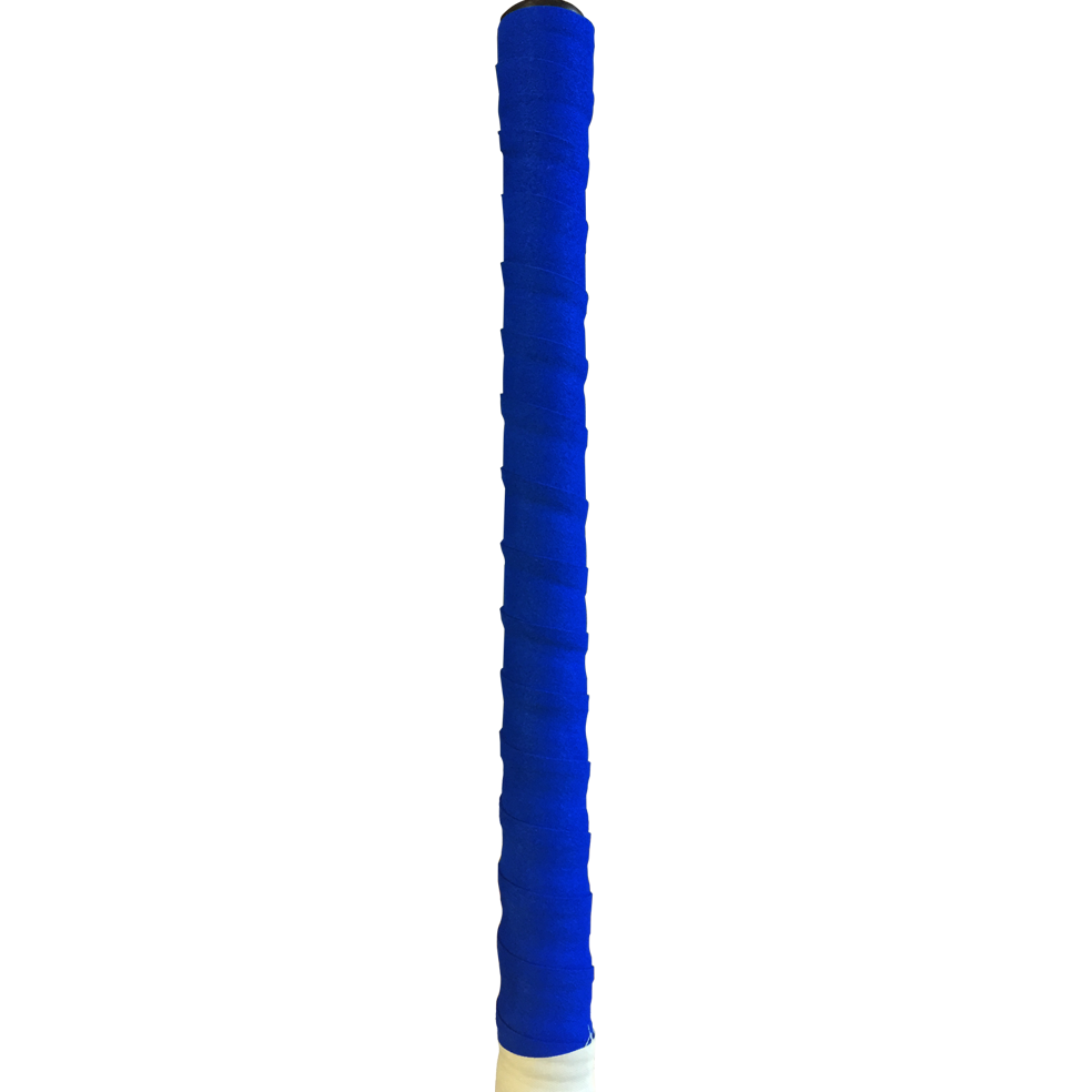 A close-up of a tennis racket handle wrapped in a bright blue Mercian Chamois Hockey Grip (Pack of 10) by Mercian, featuring a small section of white at the bottom, set against a plain white background.