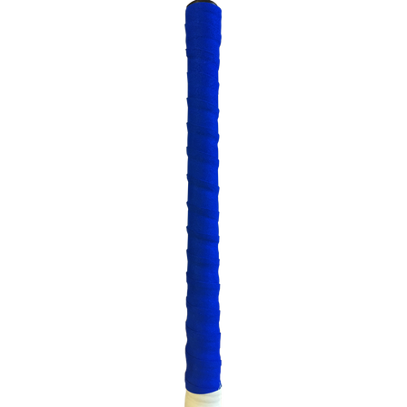 A close-up of a tennis racket handle wrapped in a bright blue Mercian Chamois Hockey Grip (Pack of 10) by Mercian, featuring a small section of white at the bottom, set against a plain white background.