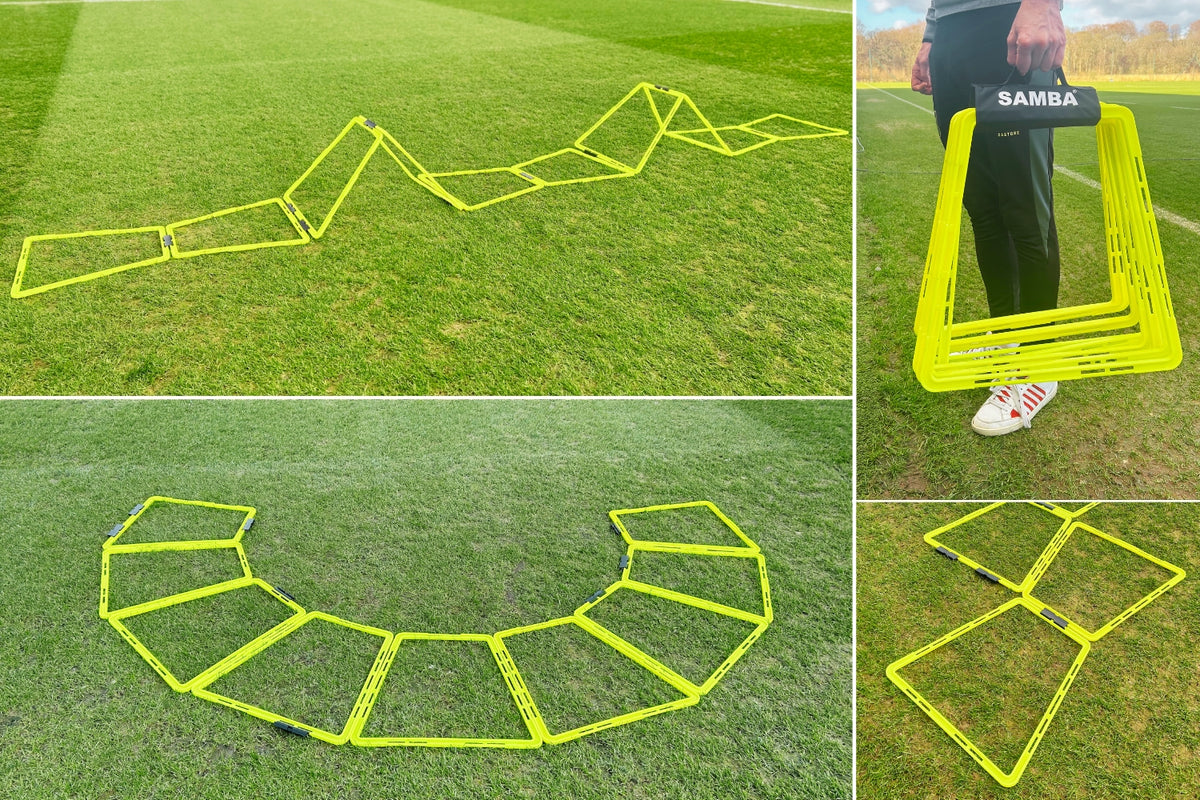 Collage of Samba Sports’ Samba Pro Agility Trapeze Set on grass, showing portable training gear for speed and coordination: zigzag (top left), curved (bottom left), ladder shape (bottom right), person with stacked hurdles (top right).