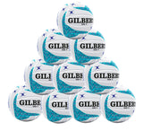 A stack of ten blue Gilbert APT Netballs, arranged in four layers with visible Gilbert logos, ideal for school netball sessions and supplied as a Ten Ball Pack.
