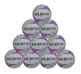 Ten durable purple Gilbert APT Netballs from Gilbert are arranged in a pyramid against a white background—perfect for school netball or outdoor training sessions.