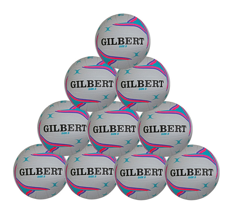Ten durable purple Gilbert APT Netballs from Gilbert are arranged in a pyramid against a white background—perfect for school netball or outdoor training sessions.