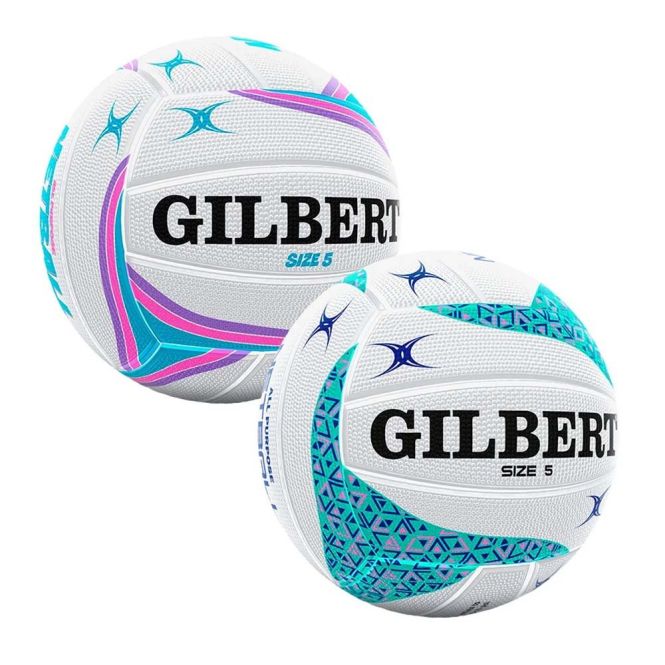 Two white Gilbert APT Netballs, size 5, showcase teal, purple, and blue geometric designs with the bold Gilbert logo—ideal training balls for outdoor netball sessions.