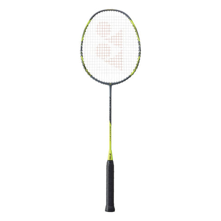 The Yonex Arcsaber 7 Play Badminton Racket features a black grip, slim shaft, and an oval head with a gray frame, yellow accents, and a red logo on the strings, shown on a white background.