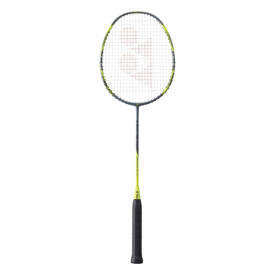 The Yonex Arcsaber 7 Play Badminton Racket features a black grip, slim shaft, and an oval head with a gray frame, yellow accents, and a red logo on the strings, shown on a white background.