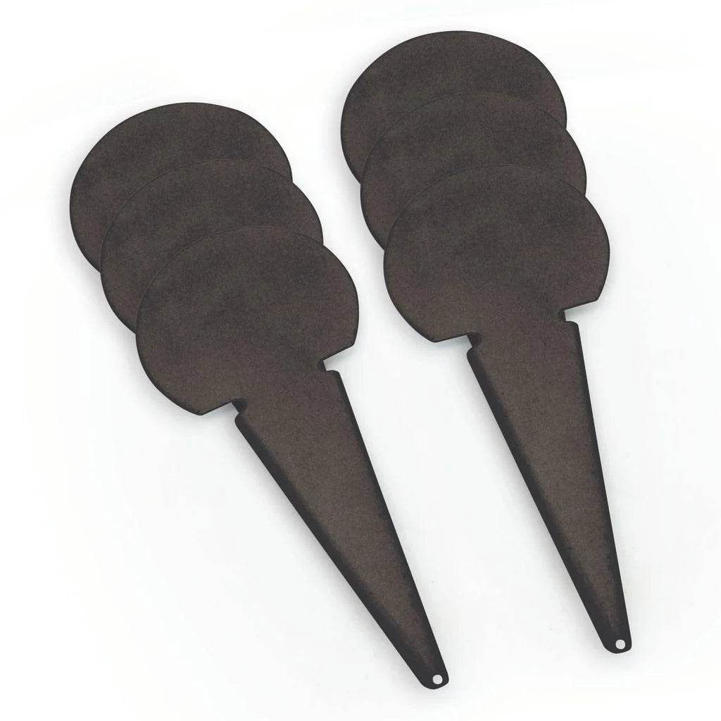 Five black Plain Throwing Markers (Bishop Sports) with round tops and pointed ends are arranged in two rows on a white background. Made of powder-coated metal, they’re available in white or black.