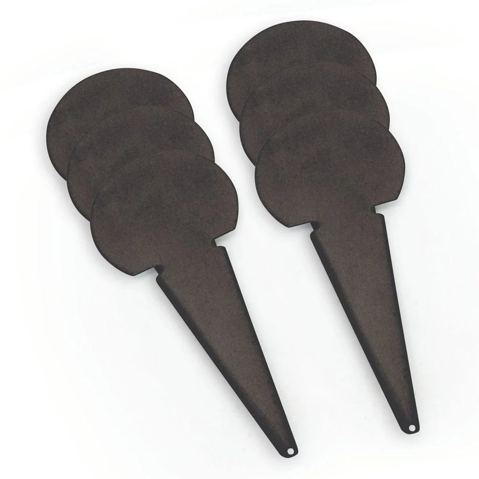 Five black Plain Throwing Markers (Bishop Sports) with round tops and pointed ends are arranged in two rows on a white background. Made of powder-coated metal, they’re available in white or black.