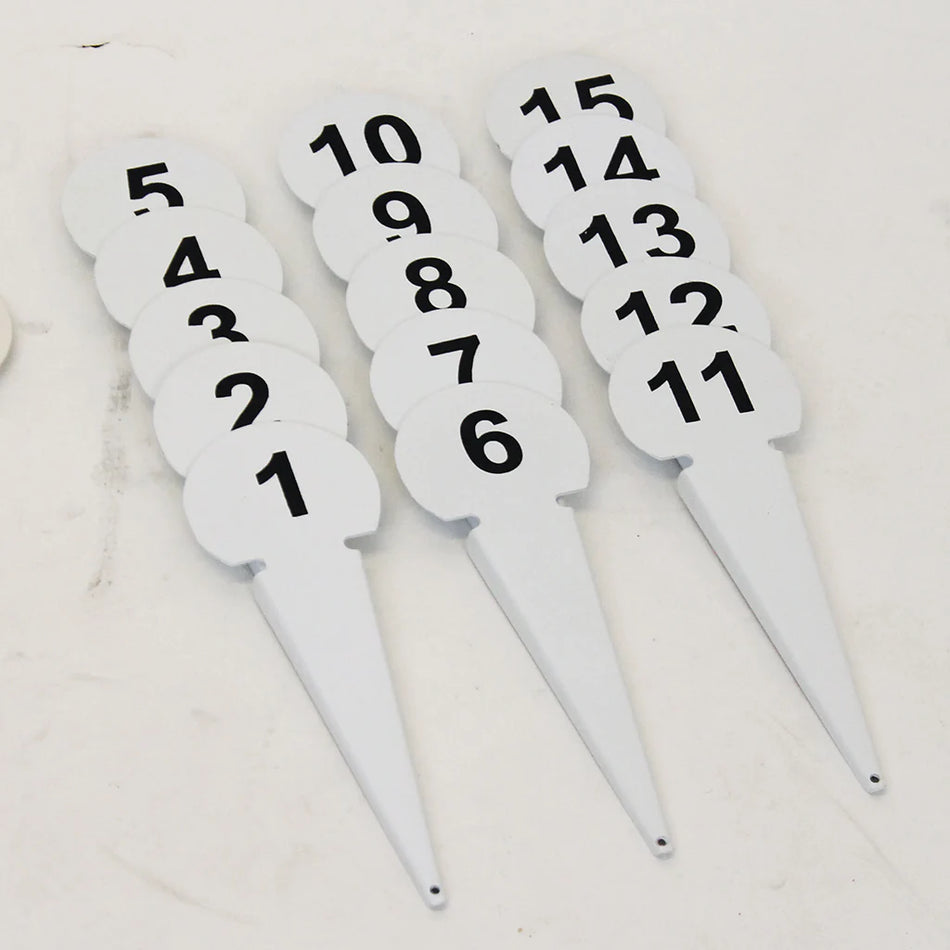 Martin Berrill Sports Numbered Throwing Markers feature three rows of durable, powder-coated metal paddles (7.5cm face) with black numbers 1–15, perfect for the garden.