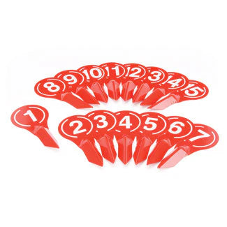 The Bishop Sports Large Throwing Markers are red powder-coated steel discs (10cm diameter), numbered 1–12 in white. Arranged in a semicircle, marker 1 is placed separately at the front.