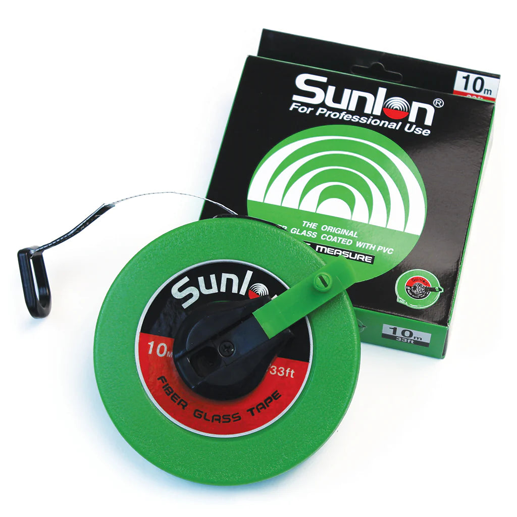 A green and black Martin Berrill Sports Measuring Tape (Closed Case) with a crank handle is shown next to its packaging, which features the brand name and bold text "For Professional Use" and "10m.