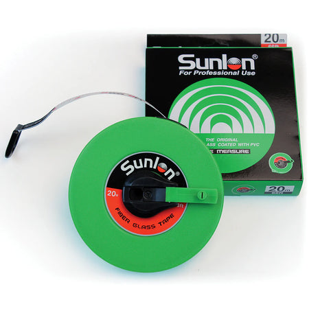 A Martin Berrill Sports Measuring Tape (Closed Case) in green fibreglass with a black handle is partially extended. This durable tool comes in black and green packaging, measures 20 meters, and is intended for professional use.
