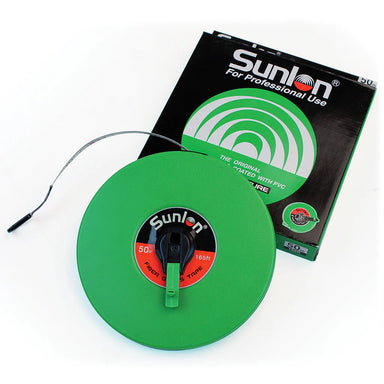 A Martin Berrill Sports Measuring Tape (Closed Case) in green is partially extended next to its black and green packaging. It features a handle, hook end, and durable closed case design for professional use.