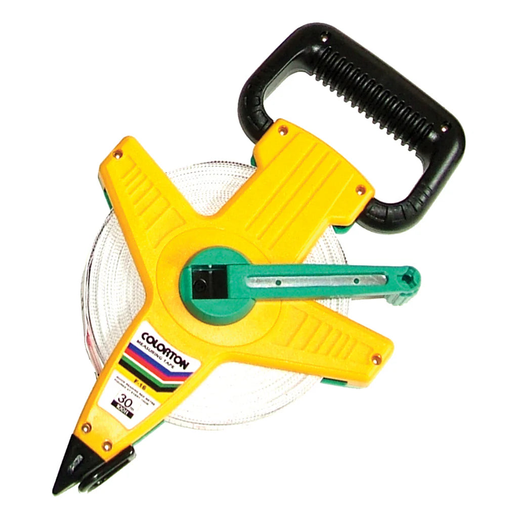 A yellow and green Martin Berrill Sports Measuring Tape (30m - 100m) with a black handle and fibreglass frame, designed for long distances, is shown on a white background.