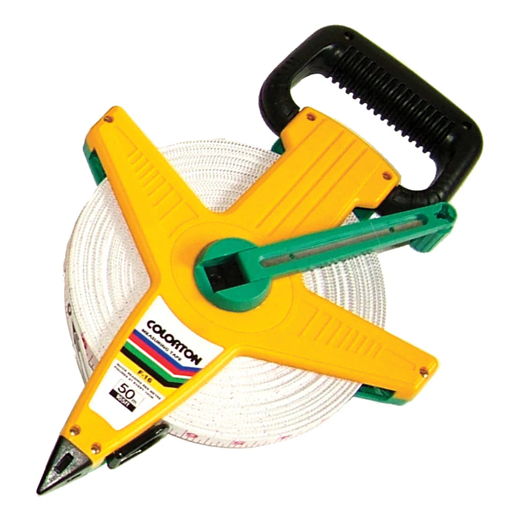 A yellow and green Martin Berrill Sports Measuring Tape (30m–100m) features a fibreglass frame, black handle, white coiled tape, and pointed anchoring end; this model displays a 50-meter length.
