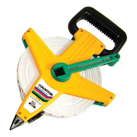 A yellow and green Martin Berrill Sports Measuring Tape (30m–100m) features a fibreglass frame, black handle, white coiled tape, and pointed anchoring end; this model displays a 50-meter length.