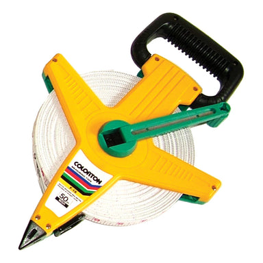 A yellow and green Martin Berrill Sports Measuring Tape (30m–100m) features a fibreglass frame, black handle, white coiled tape, and pointed anchoring end; this model displays a 50-meter length.