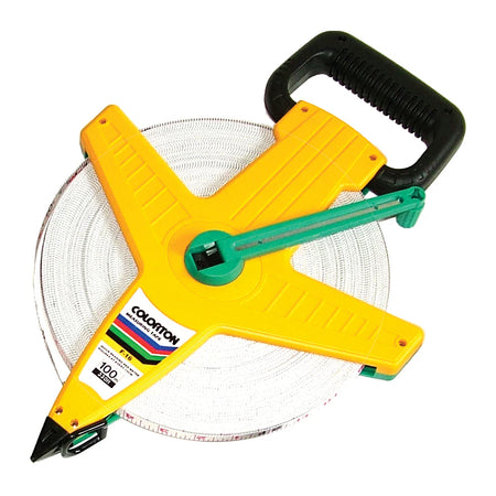 A yellow-green open reel Measuring Tape (30m-100m) by Martin Berrill Sports features a black handle, a long winding handle, and a durable fibreglass frame for easy measuring of long distances.