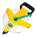 A yellow-green open reel Measuring Tape (30m-100m) by Martin Berrill Sports features a black handle, a long winding handle, and a durable fibreglass frame for easy measuring of long distances.