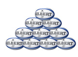 A ten-pack of blue Gilbert Atom Match Balls, each marked with "GILBERT," perfect for school and club rugby matches.