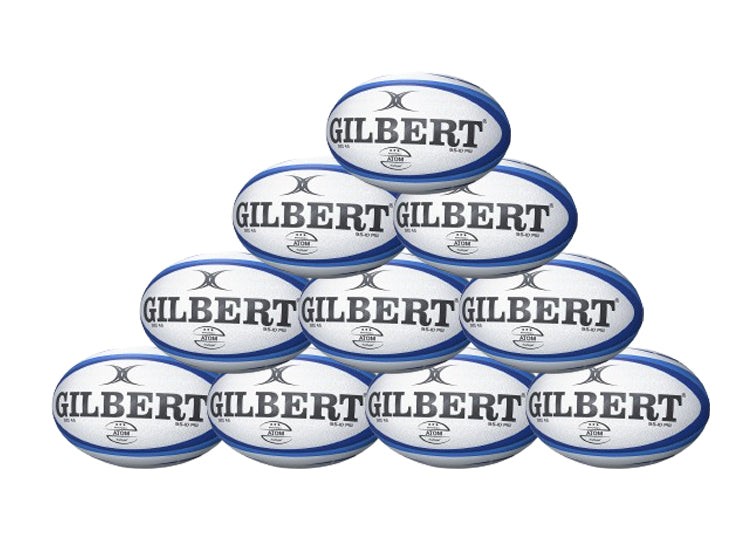 A ten-pack of blue Gilbert Atom Match Balls, each marked with "GILBERT," perfect for school and club rugby matches.