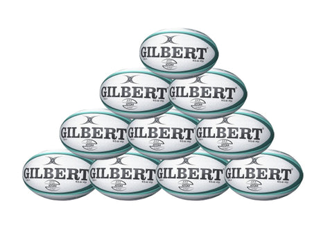 A pyramid of ten green Gilbert Atom Match Balls, designed for school and club rugby, each featuring the bold black GILBERT logo. Product: Gilbert Atom Match Ball Ten Pack.
