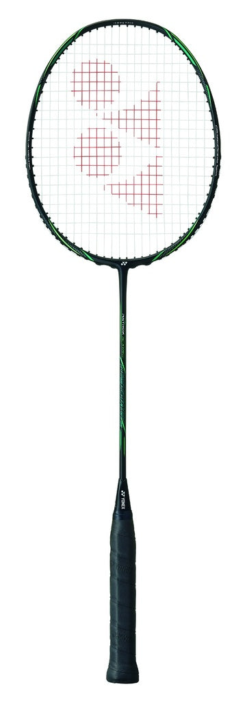 The Yonex Astrox Nextage badminton racket, ideal for intermediate club players, showcases a sleek black frame with green accents and a red Yonex logo on the strings, set against a white background.
