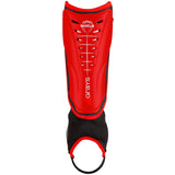The Grays Shield Shinguard in red features ventilation holes, shock-absorbing protection, and a black ankle protector with an elastic strap for a secure fit.