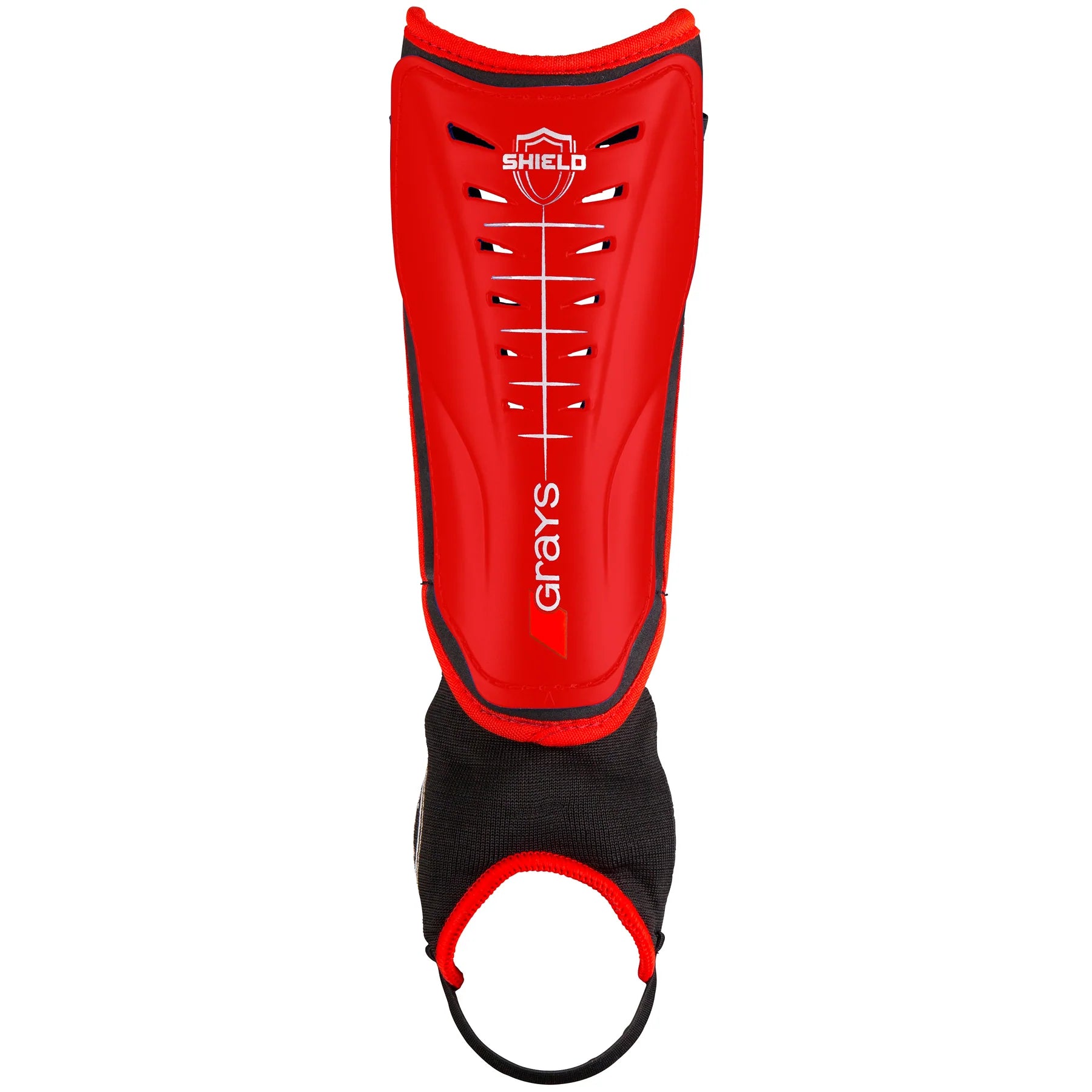 The Grays Shield Shinguard in red features ventilation holes, shock-absorbing protection, and a black ankle protector with an elastic strap for a secure fit.
