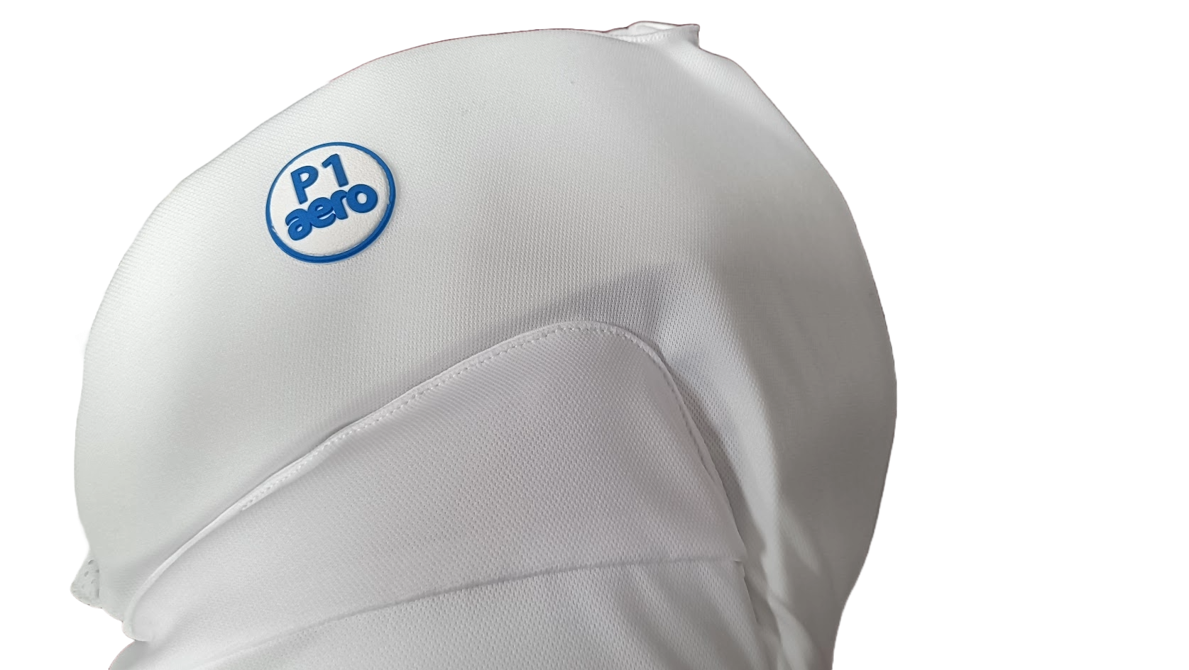 Close-up of the Aero P1 Strippers V8 by Aero, featuring a blue circular aero logo on a white fabric cover, designed for ultimate lower body cricket protection, set against a plain white background.