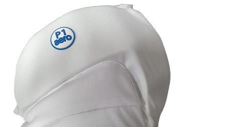 Close-up of the Aero P1 Strippers V8 by Aero, featuring a blue circular aero logo on a white fabric cover, designed for ultimate lower body cricket protection, set against a plain white background.