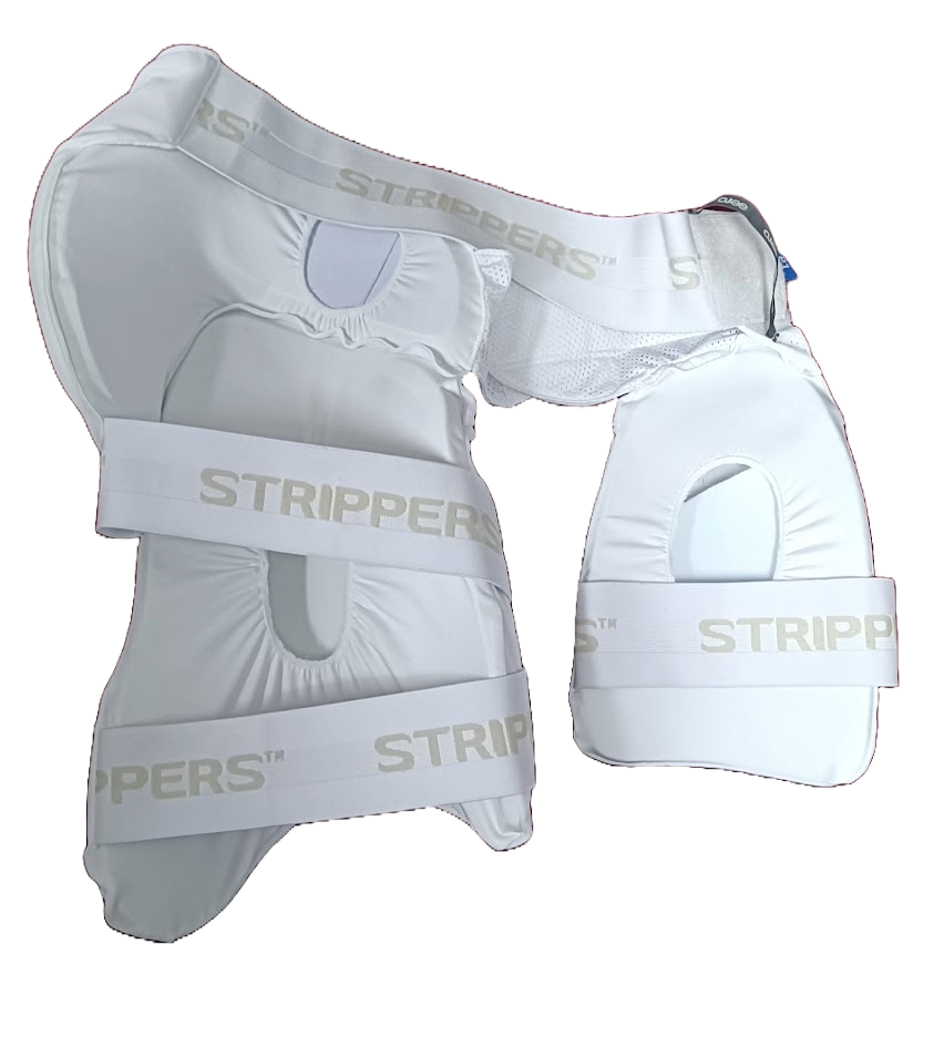 The Aero P1 Strippers V8 offers ultimate lower body protection with white cricket batting pads, EVA foam padding, and a secure waistband attachment, featuring the Aero brand name on the straps.