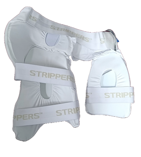 The Aero P1 Strippers V8 offers ultimate lower body protection with white cricket batting pads, EVA foam padding, and a secure waistband attachment, featuring the Aero brand name on the straps.