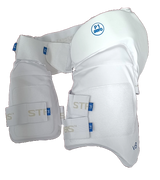 The Aero P1 Strippers V8 are white cricket thigh pads with velcro straps, designed for batting. They feature EVA foam for ultimate lower body protection and are made by Aero.
