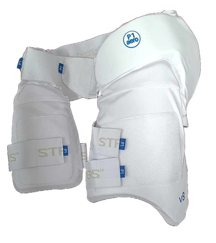 The Aero P1 Strippers V8 are white cricket thigh pads with velcro straps, designed for batting. They feature EVA foam for ultimate lower body protection and are made by Aero.