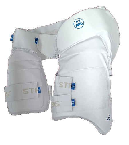 The Aero P1 Strippers V8 are white cricket thigh pads with velcro straps, designed for batting. They feature EVA foam for ultimate lower body protection and are made by Aero.
