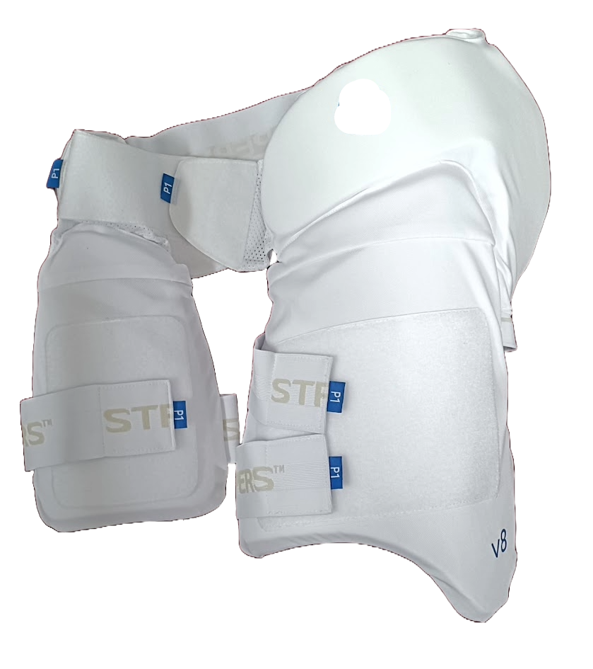 The Aero P1 Strippers V8 are white padded cricket thigh guards by Aero, featuring adjustable straps and blue tags for ultimate lower body protection with EVA foam to shield a batter's thighs and hips.