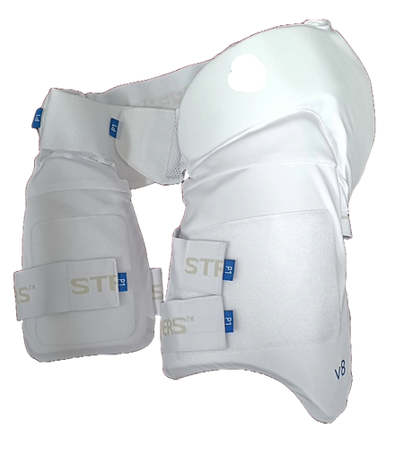 The Aero P1 Strippers V8 are white padded cricket thigh guards by Aero, featuring adjustable straps and blue tags for ultimate lower body protection with EVA foam to shield a batter's thighs and hips.