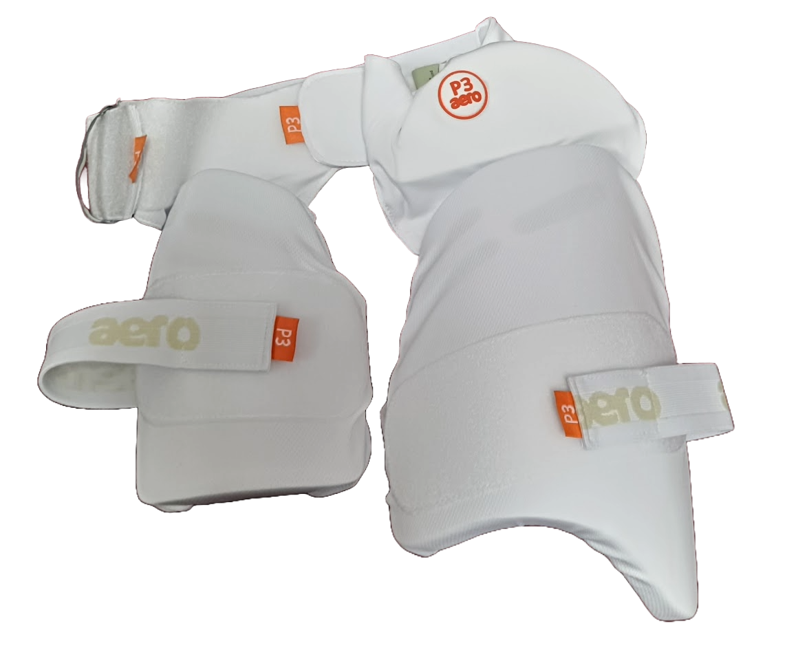 The Aero P3 Strippers V8 offer ultimate lower body protection with white thigh and arm guards, adjustable straps, and orange branding, ensuring superior hip safety during batting.