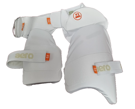 The Aero P3 Strippers V8 offer ultimate lower body protection with white thigh and arm guards, adjustable straps, and orange branding, ensuring superior hip safety during batting.