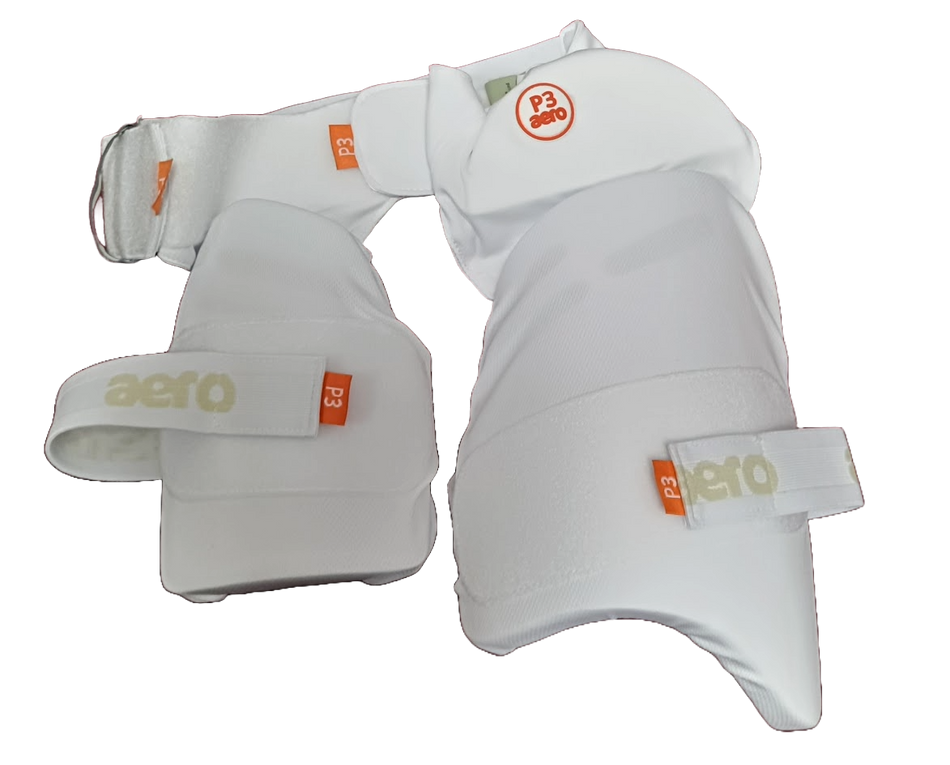 The Aero P3 Strippers V8 offer ultimate lower body protection with white thigh and arm guards, adjustable straps, and orange branding, ensuring superior hip safety during batting.