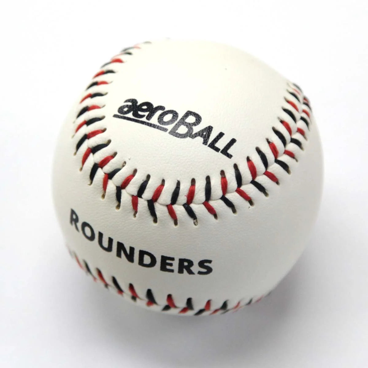 The Aero Safety Rounders Ball by Aero is displayed against a plain white background. This white rounders ball features red and black stitching, with “aeroBall” and “ROUNDERS” printed on its surface. It’s an excellent choice for schools or clubs seeking a reliable training cricket ball or an Incrediball alternative.