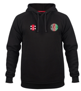 The Afghan Youth Cricket Bristol CC Velocity Hoodie by Gray Nicolls is black, with a red and white rectangular patch on the left chest and a circular green and red emblem on the right chest, shown against a white background.