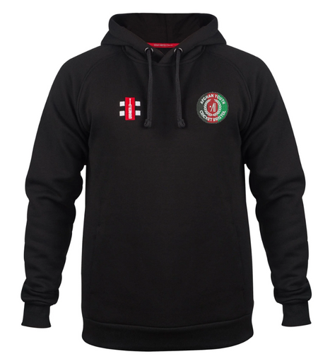 The Afghan Youth Cricket Bristol CC Velocity Hoodie by Gray Nicolls is black, with a red and white rectangular patch on the left chest and a circular green and red emblem on the right chest, shown against a white background.